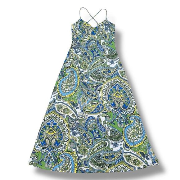 Ann Taylor Loft Paisley Cross Strap Maxi Dress Sundress Blue Green Size 6 - Picture 13 of 13